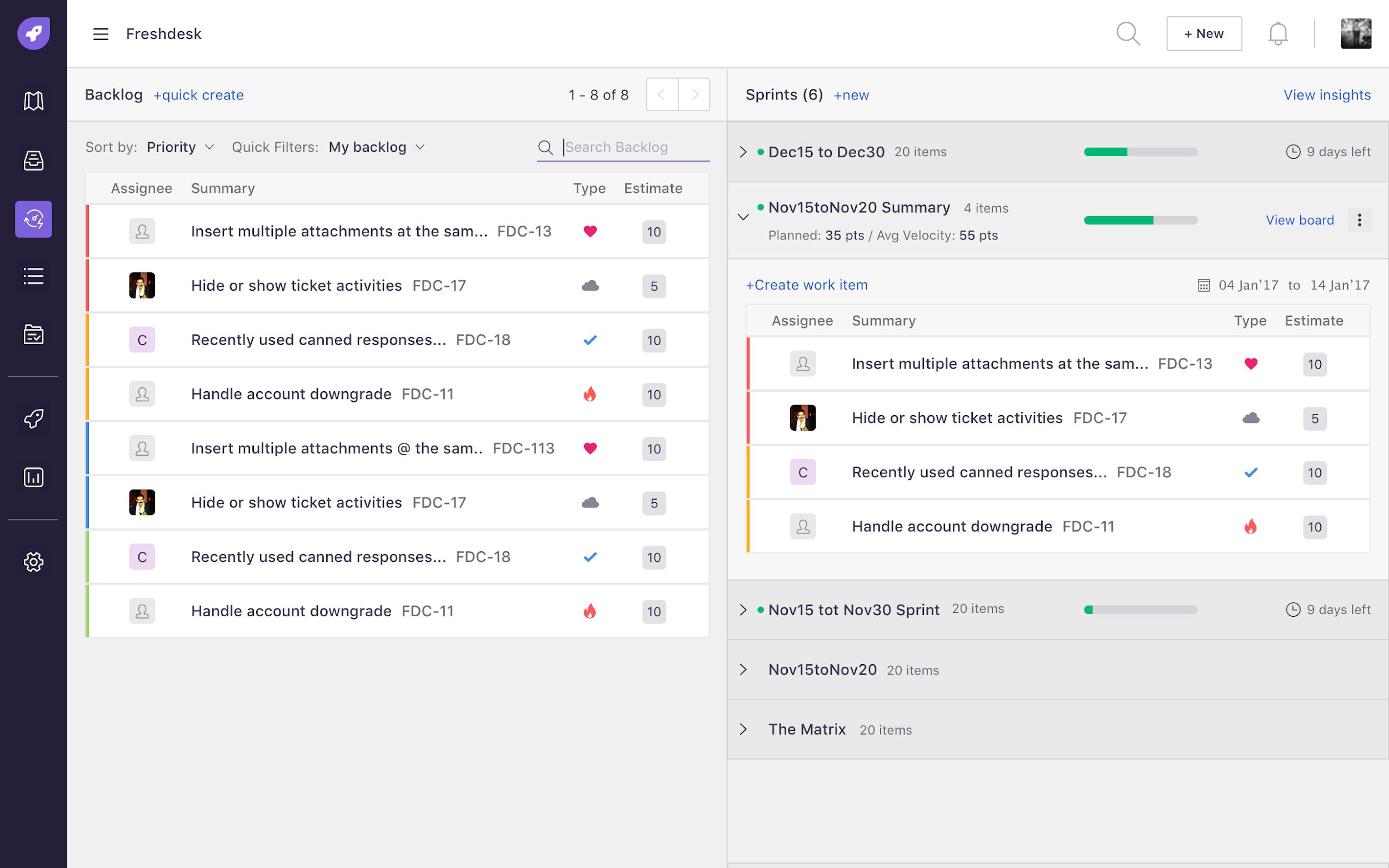Early version with backlog and sprints split across two pages