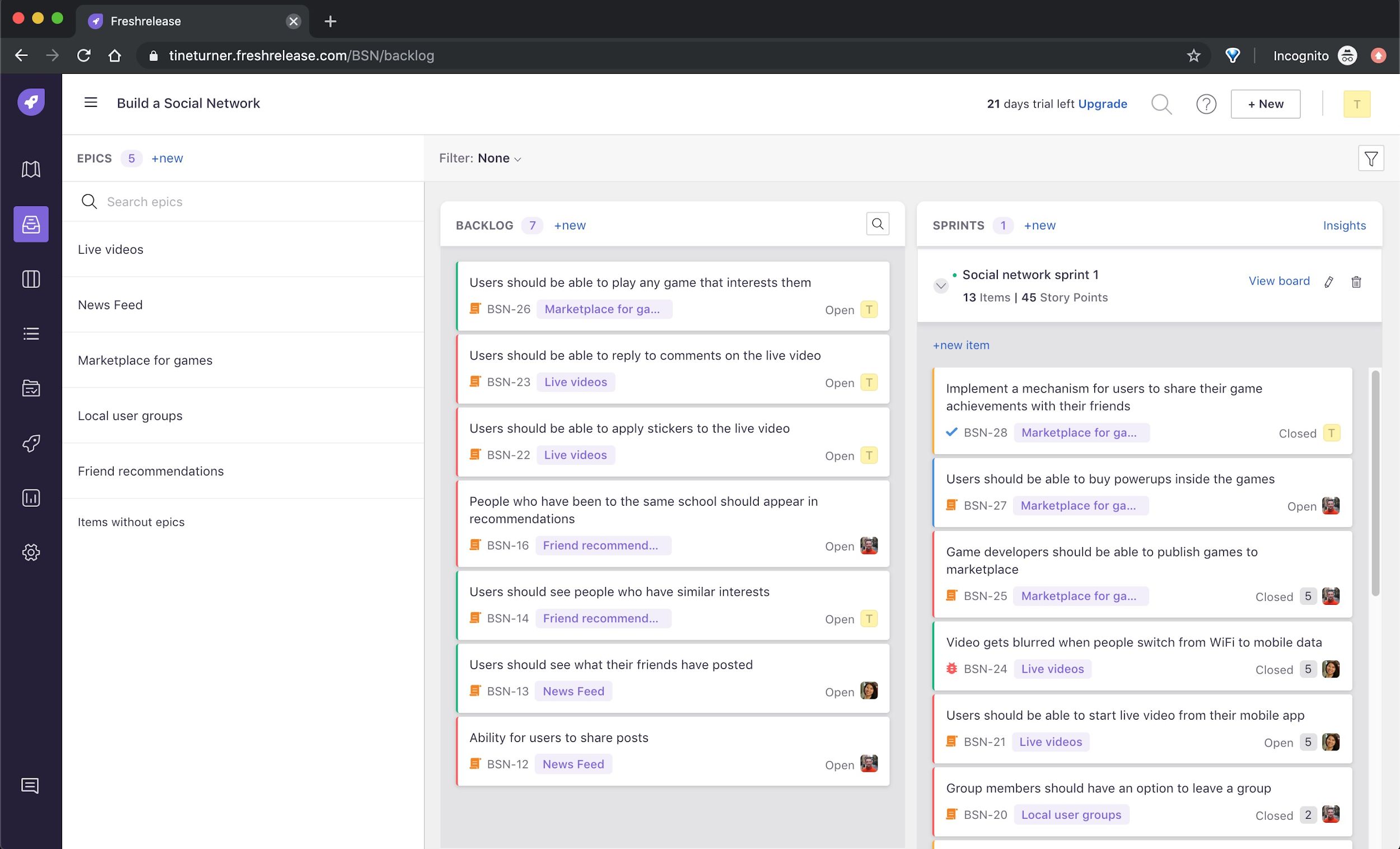 Freshrelease three-pane Epics, Backlog, and Sprints view