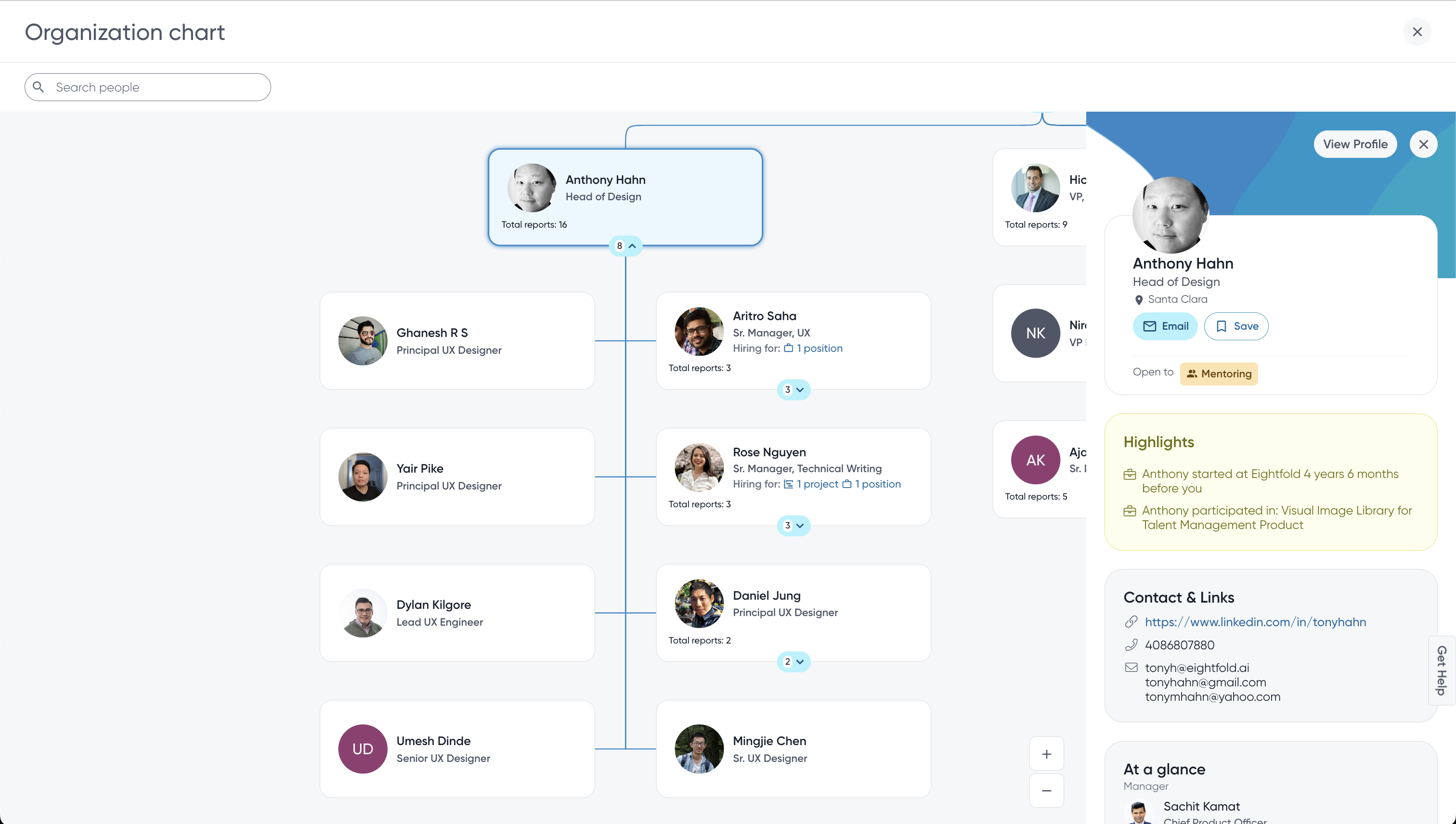Redesigned org chart with contextual side panel